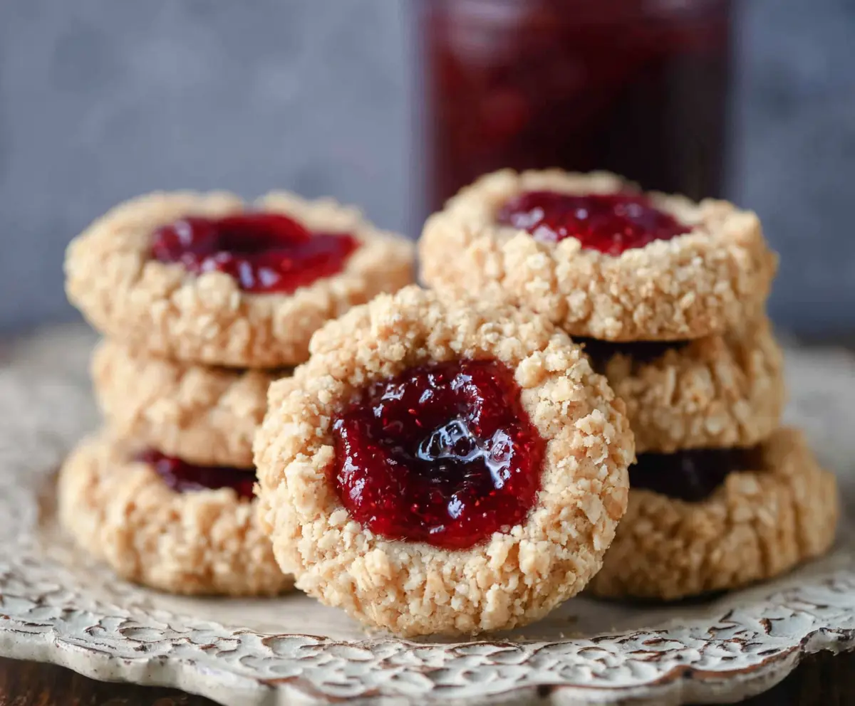 Delicious oatmeal raspberry jam thumbprint cookies on a white plate ready to be served.