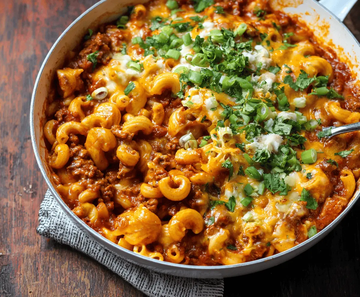 Delicious One Pot Chili Mac And Cheese in a bowl, featuring creamy cheese, spicy chili, and pasta for a hearty meal.