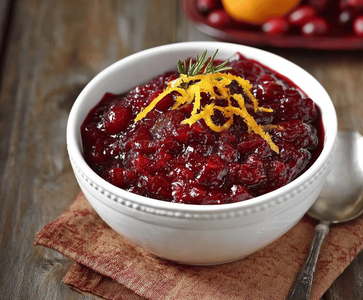 Close-up of a vibrant orange and cranberry sauce with amaretto, served in a glass bowl.