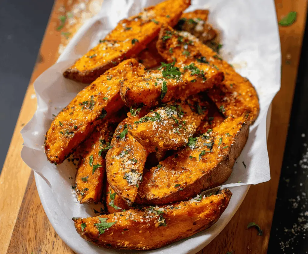 Delicious Parmesan Garlic Sweet Potato Wedges on a white plate, crispy and golden.