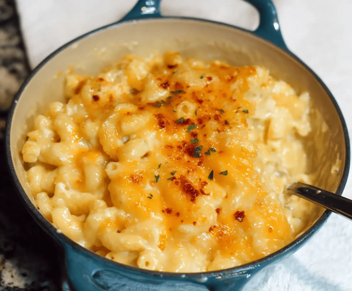 Creamy Paula Deen's Mac And Cheese served in a white bowl, featuring melted cheese and golden breadcrumbs topping.