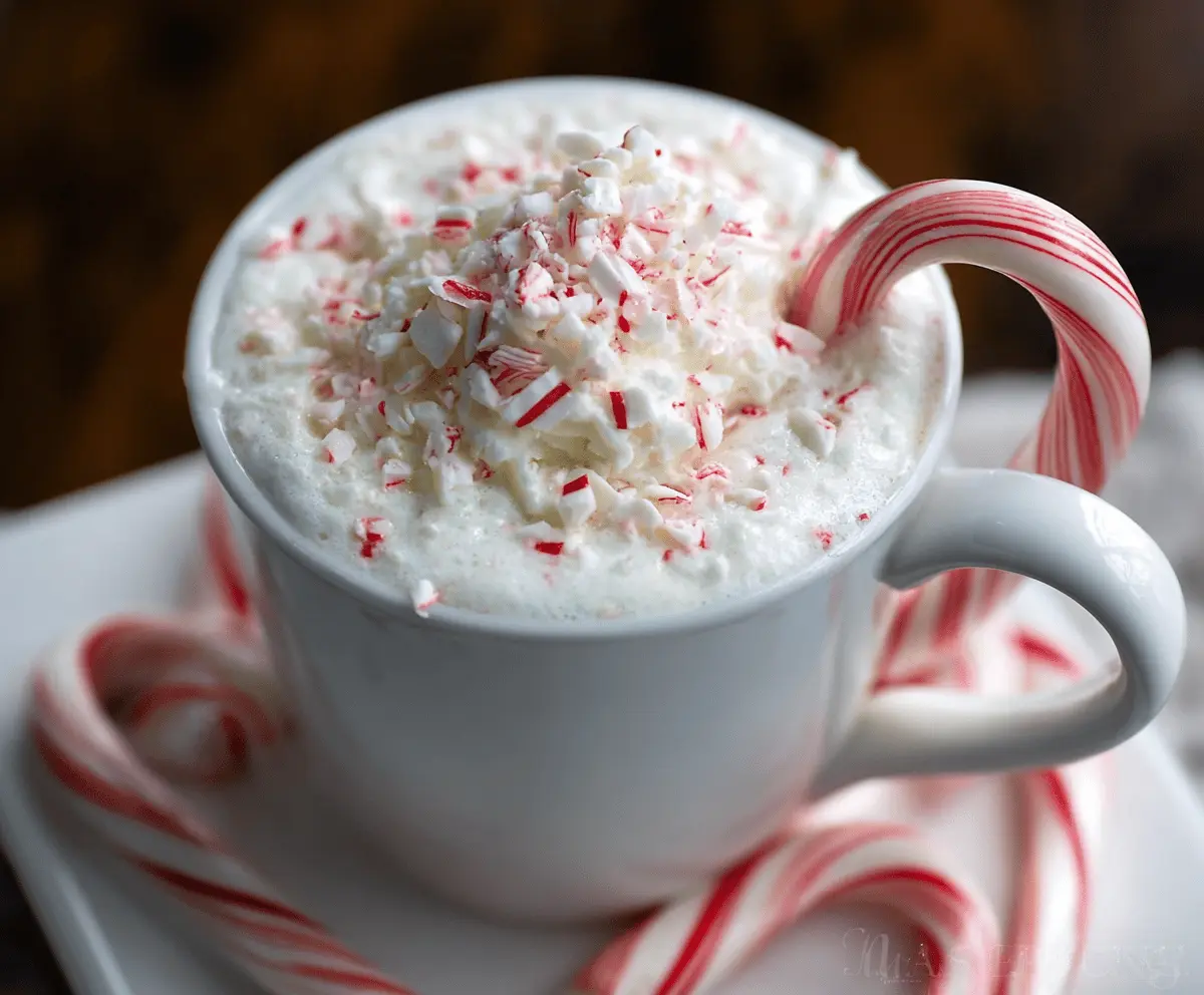 Creamy peppermint white hot chocolate topped with whipped cream and crushed peppermint candies.