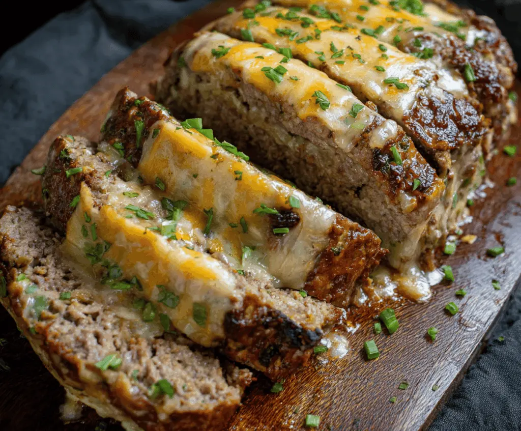 Delicious Philly Cheesesteak Meatloaf topped with melted cheese and savory steak slices.