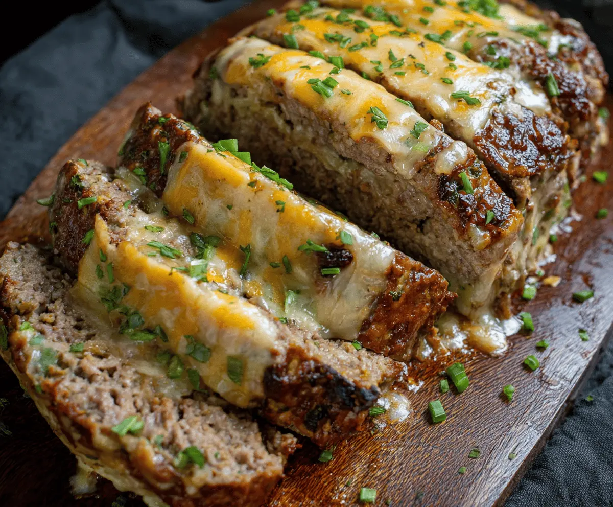 Delicious Philly Cheesesteak Meatloaf topped with melted cheese and savory steak slices.