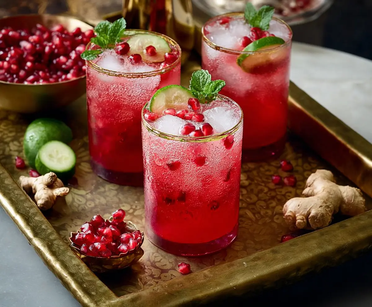 Refreshing Pomegranate Ginger Fizz cocktail garnished with fresh pomegranate seeds and mint.