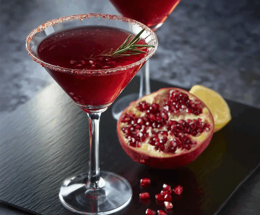 Elegant Pomegranate Martini in a crystal glass garnished with fresh pomegranate seeds and a lime wedge.