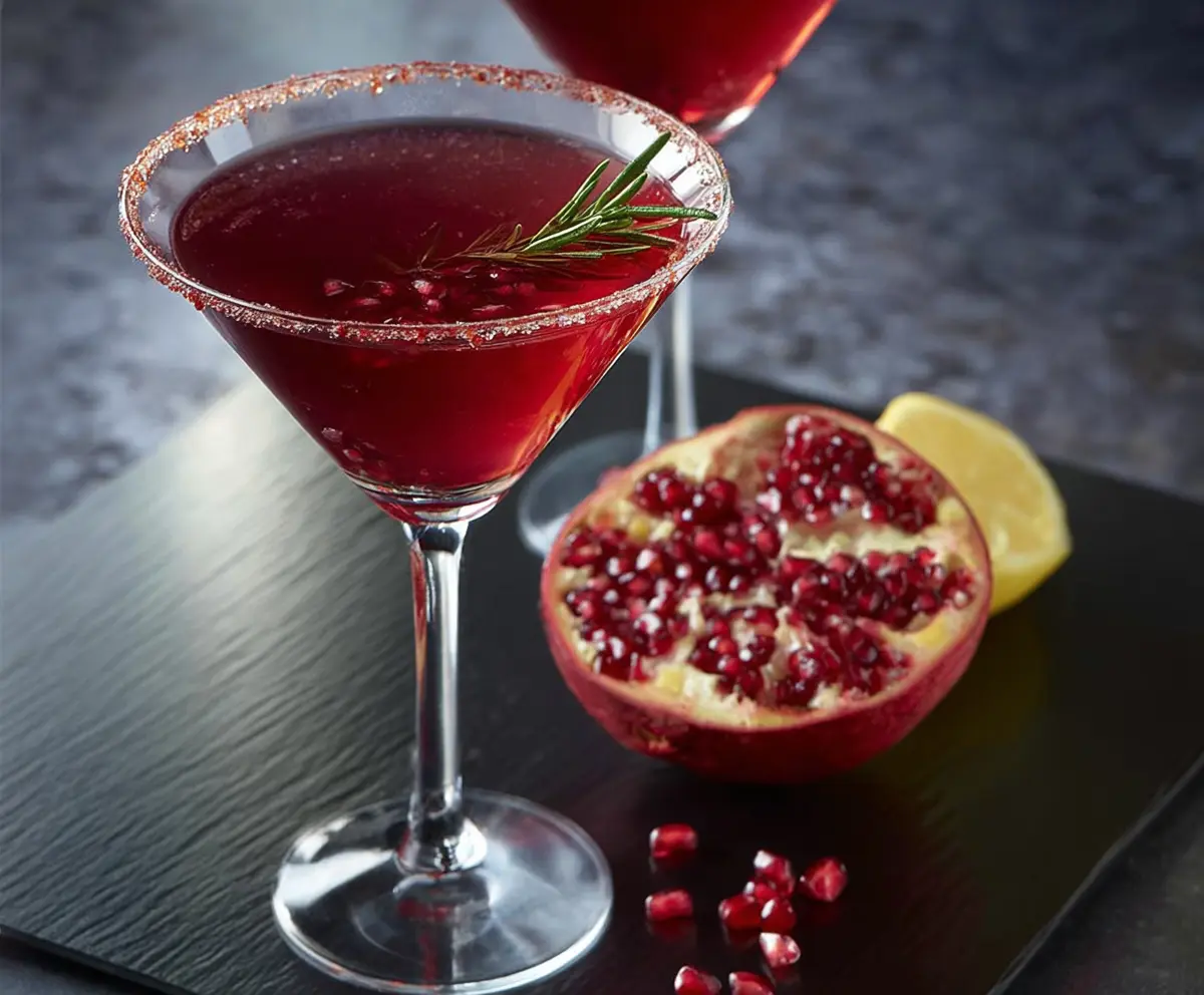 Elegant Pomegranate Martini in a crystal glass garnished with fresh pomegranate seeds and a lime wedge.