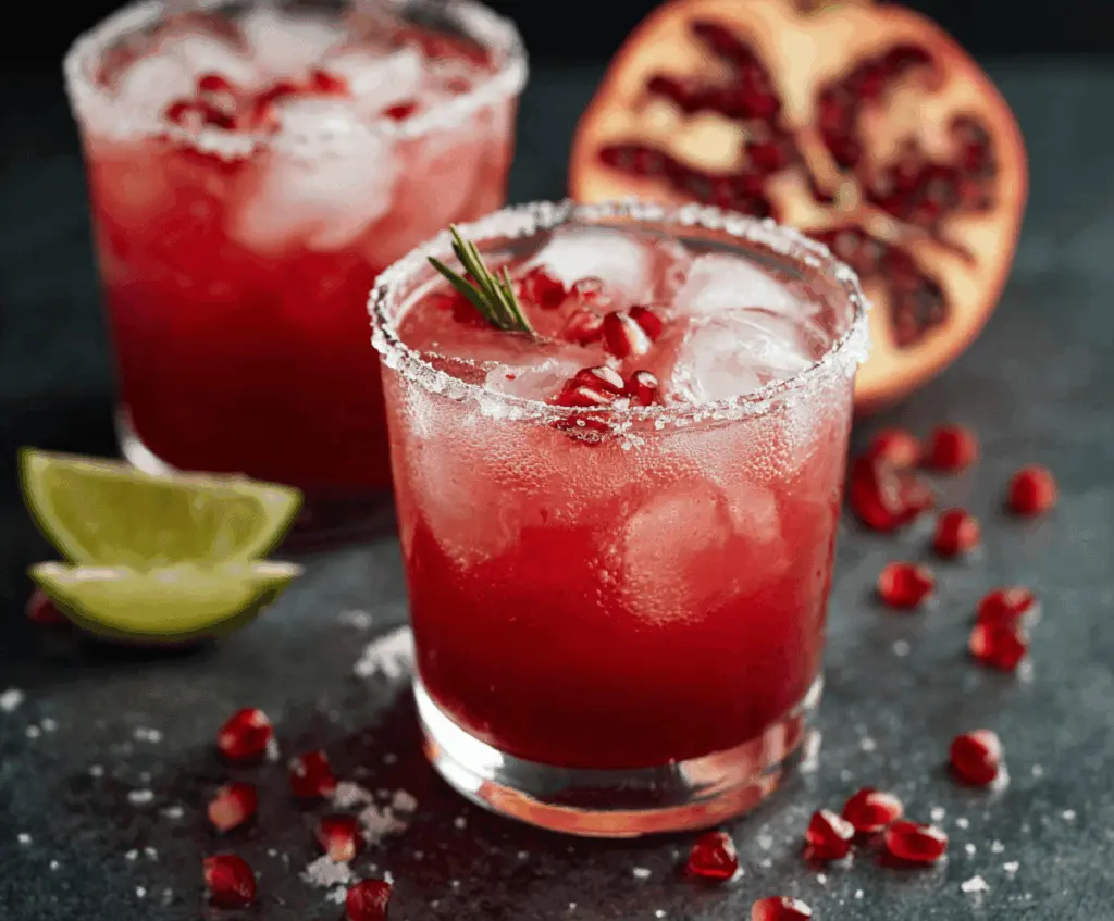 Refreshing Pomegranate Paloma cocktail garnished with fresh lime and pomegranate seeds in a clear glass.