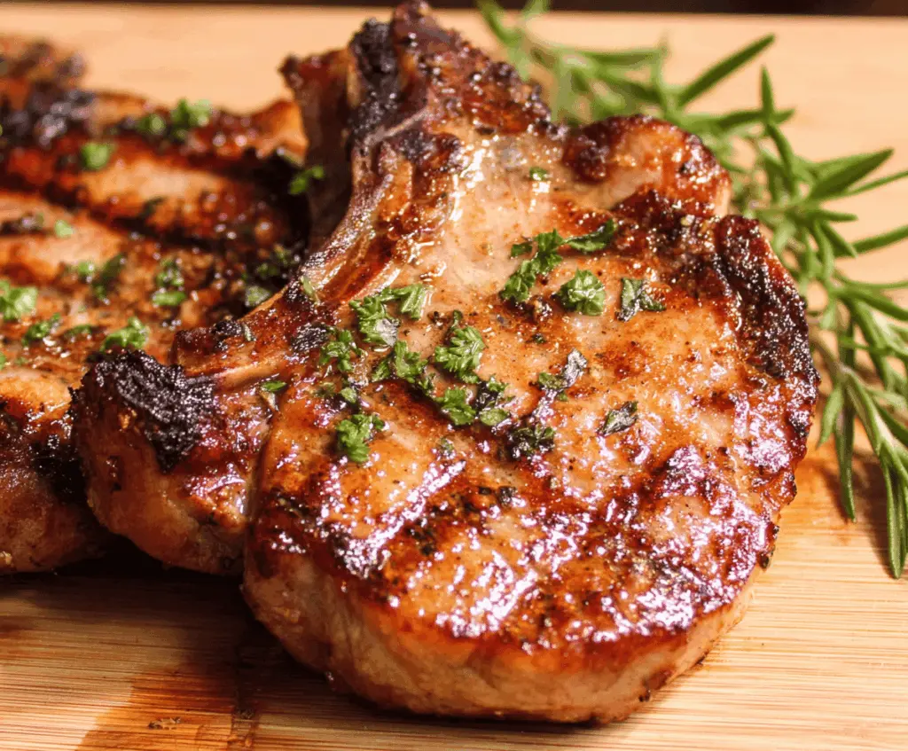 Juicy pork chop marinade with herbs and spices ready for grilling
