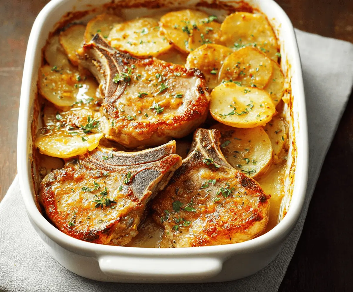Delicious pork chops served with creamy scalloped potatoes casserole, perfect for a hearty family dinner.