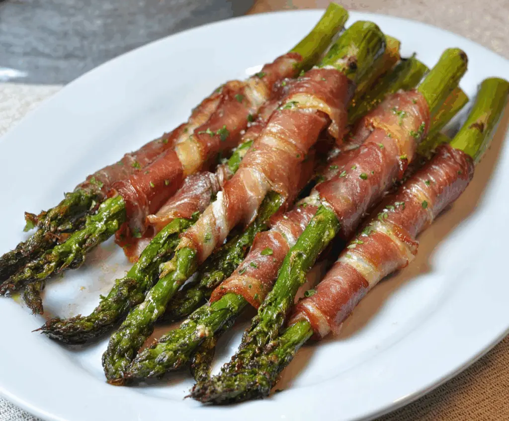 Delicious prosciutto wrapped asparagus spears, perfect for appetizers and healthy snacks.