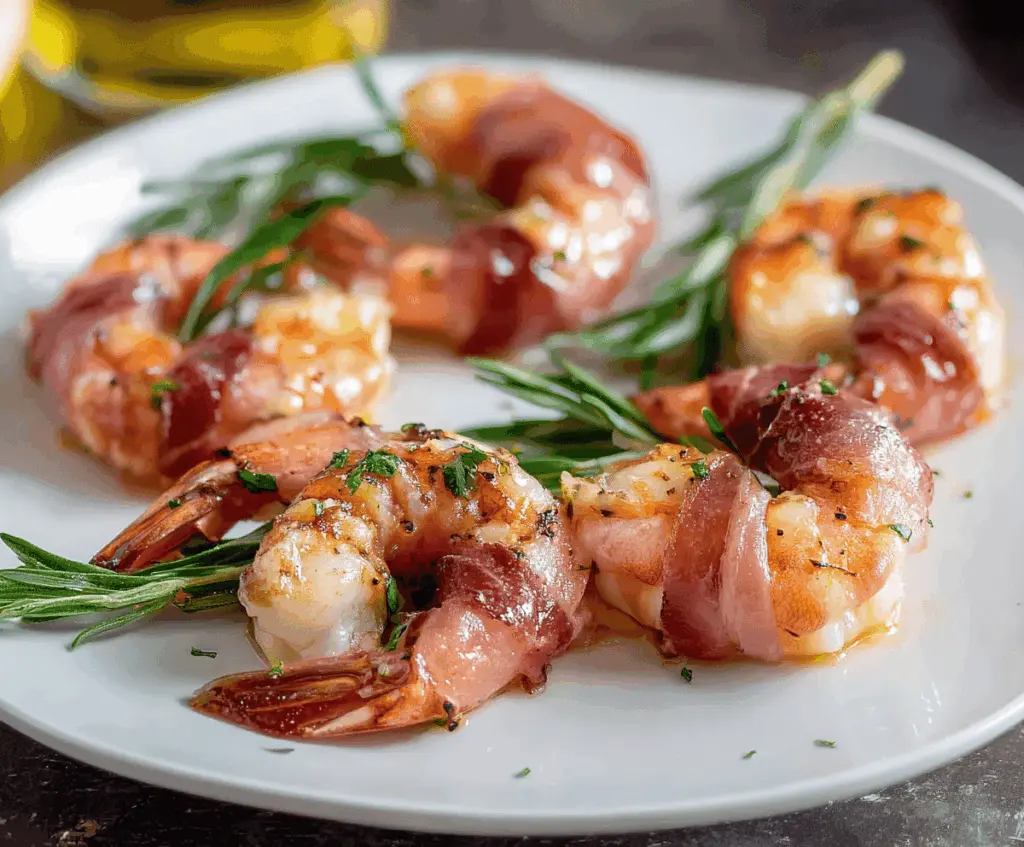 Delicious prosciutto-wrapped shrimp appetizer on a serving plate