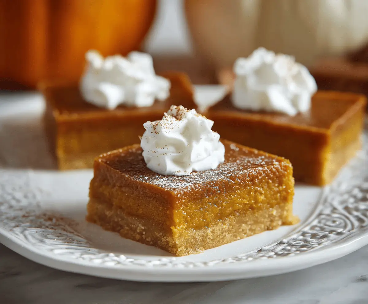 Delicious homemade pumpkin pie bars with a golden crust and creamy pumpkin filling, perfect for fall desserts.