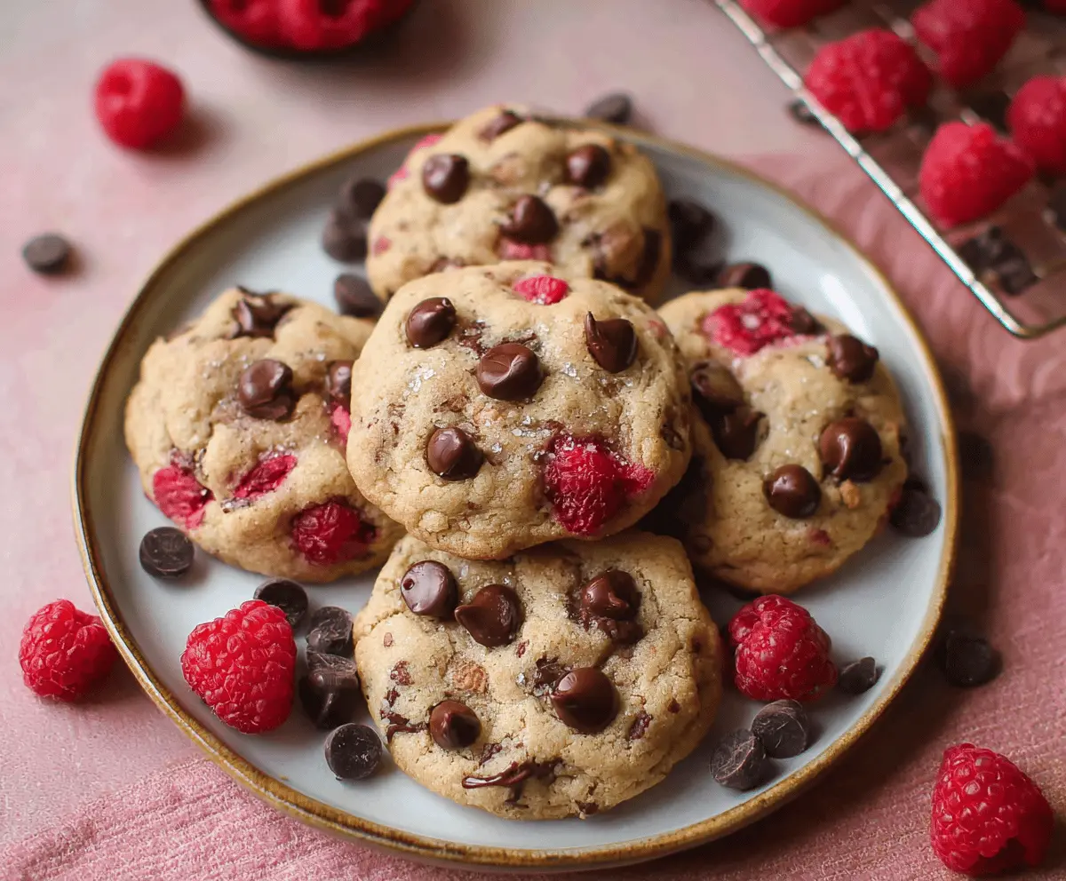 Delicious Raspberry Almond Chocolate Chip Cookies with fresh berries and crunchy almonds on top.