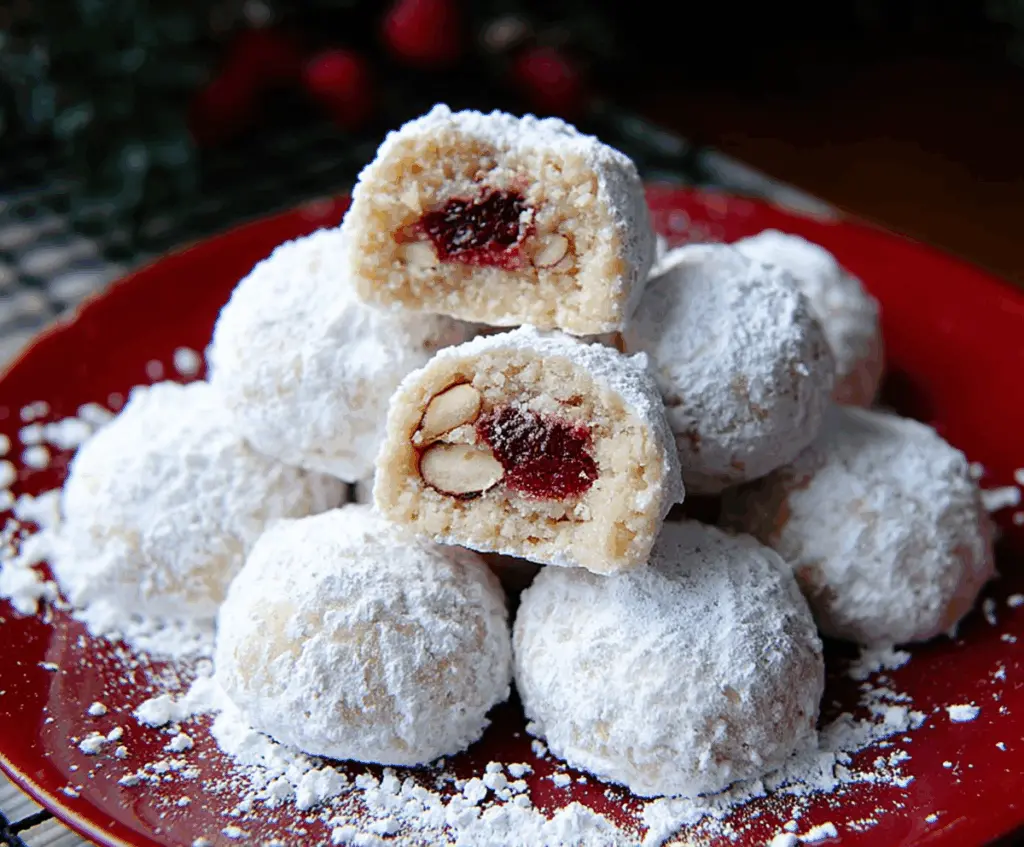 Delicious Raspberry Almond Snowball Cookies dusted with powdered sugar on a white plate.
