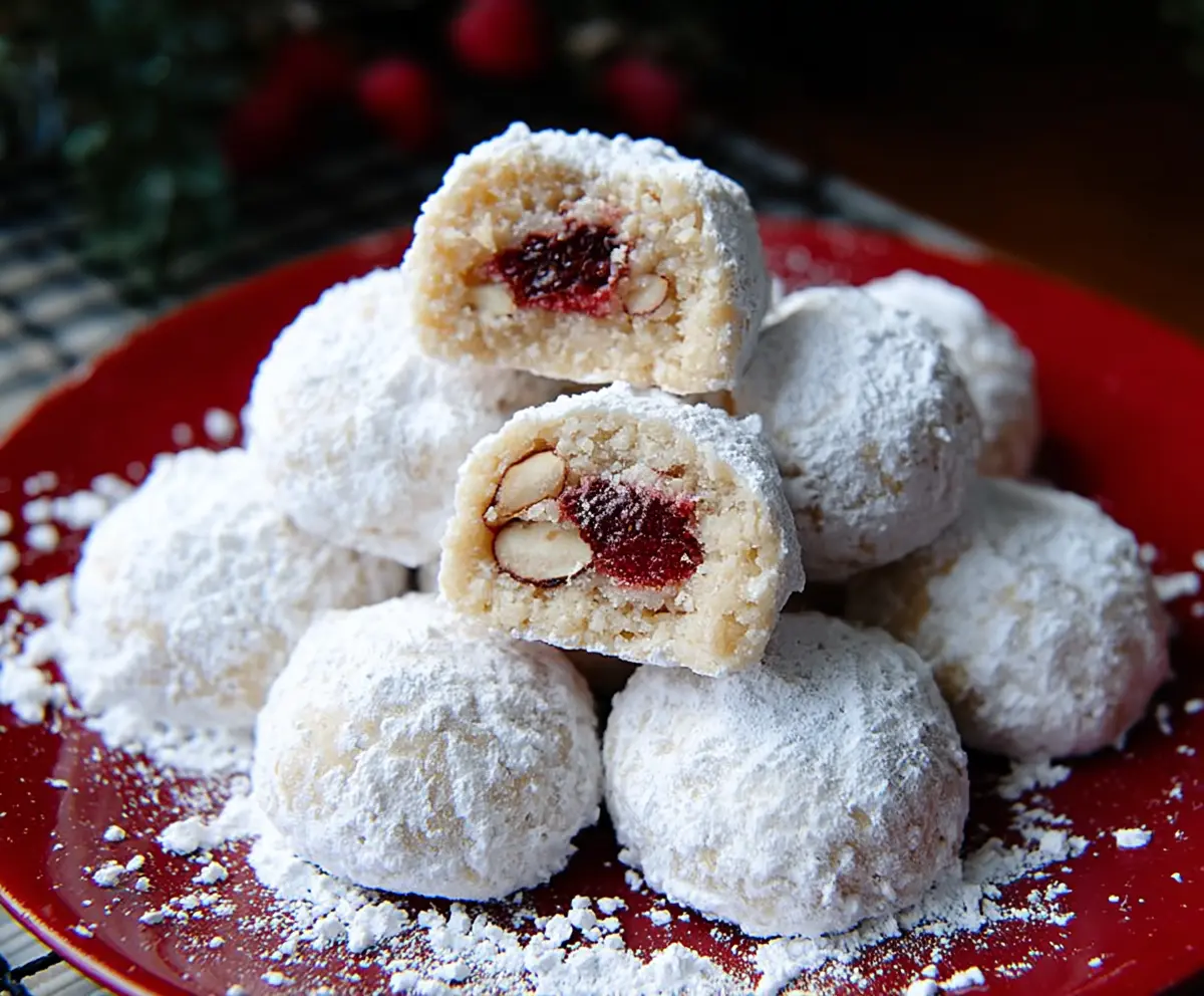 Delicious Raspberry Almond Snowball Cookies dusted with powdered sugar on a white plate.