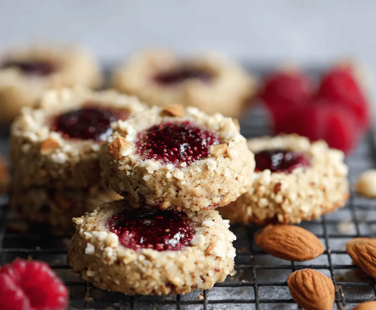 Delicious Raspberry and Hazelnut Thumbprint Cookies on a decorative plate