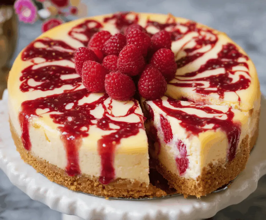 Delicious raspberry cheesecake with a creamy texture and fresh raspberry topping.