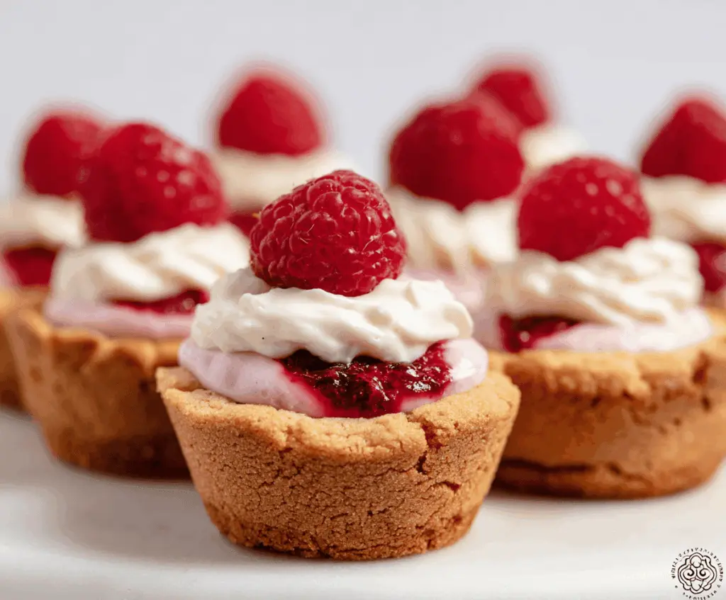 Delicious Raspberry Cheesecake Cookie Cups with fresh berries and creamy filling.