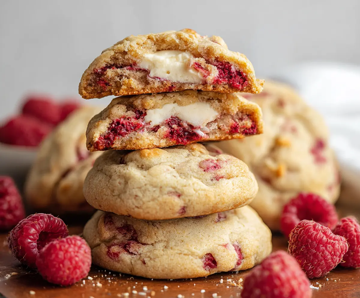 Delicious Raspberry Cheesecake Stuffed Cookies with a creamy, fruity filling and cookies on top.