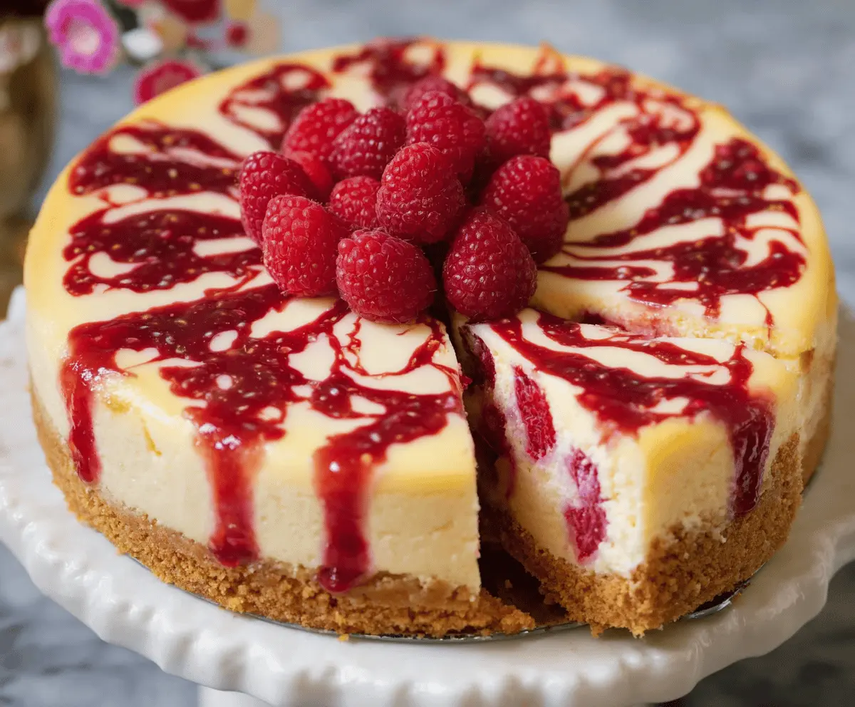 Delicious raspberry cheesecake with a creamy texture and fresh raspberry topping.