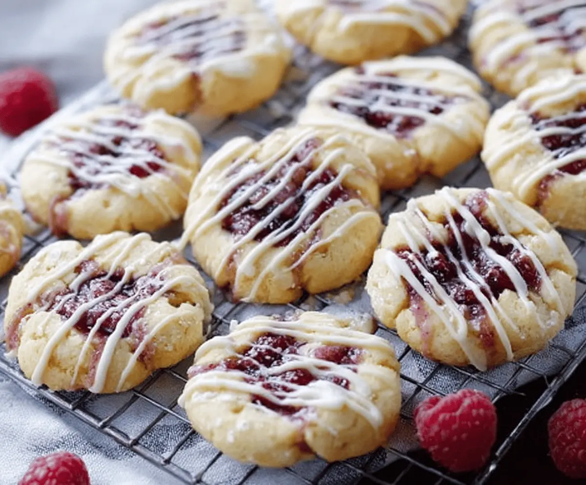 Delicious Raspberry Drizzle Shortbread Cookies on a plate with fresh raspberries