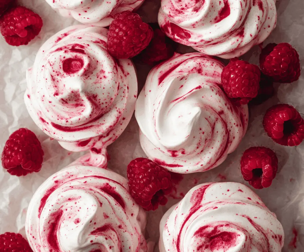 Delicious raspberry meringue cookies with a light and crispy texture on a white plate.