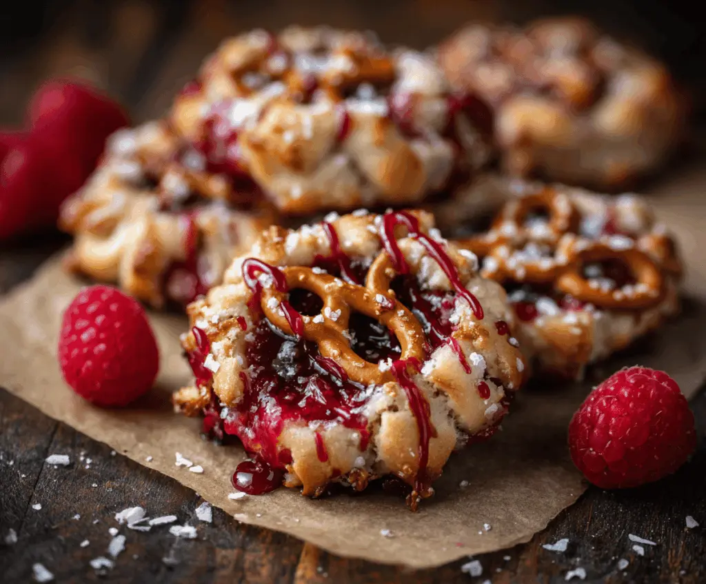Delicious raspberry pretzel cookies with a golden crust and fresh raspberry filling.