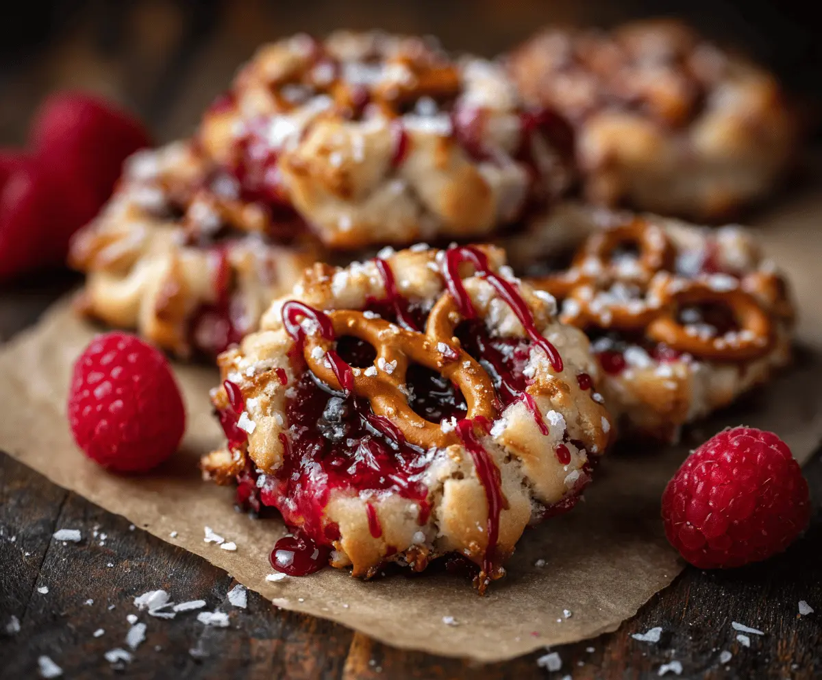 Delicious raspberry pretzel cookies with a golden crust and fresh raspberry filling.