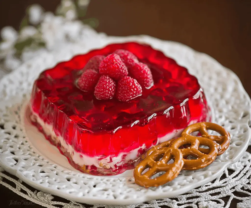 Delicious Raspberry Pretzel Jello dessert with layered red and salty pretzel base.