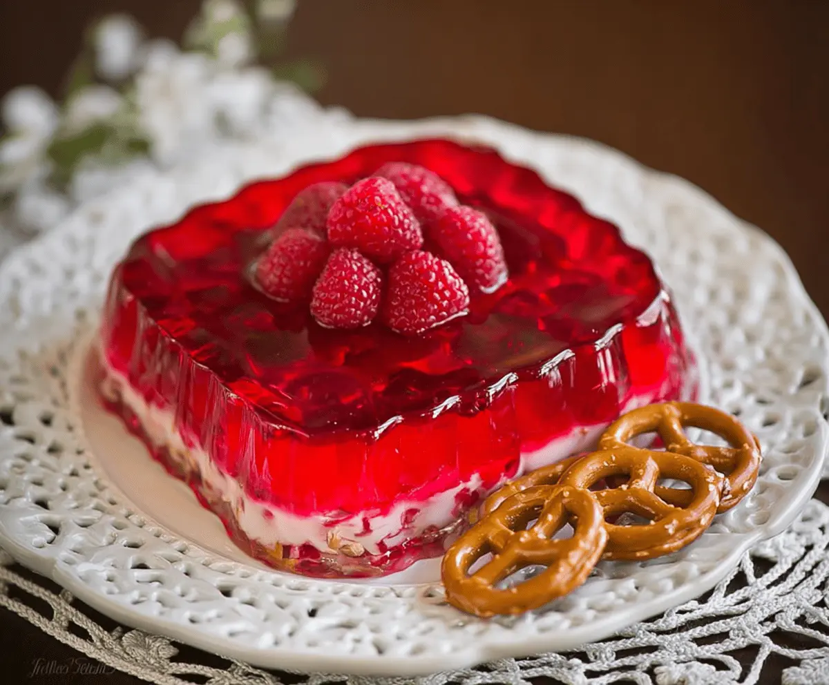 Delicious Raspberry Pretzel Jello dessert with layered red and salty pretzel base.