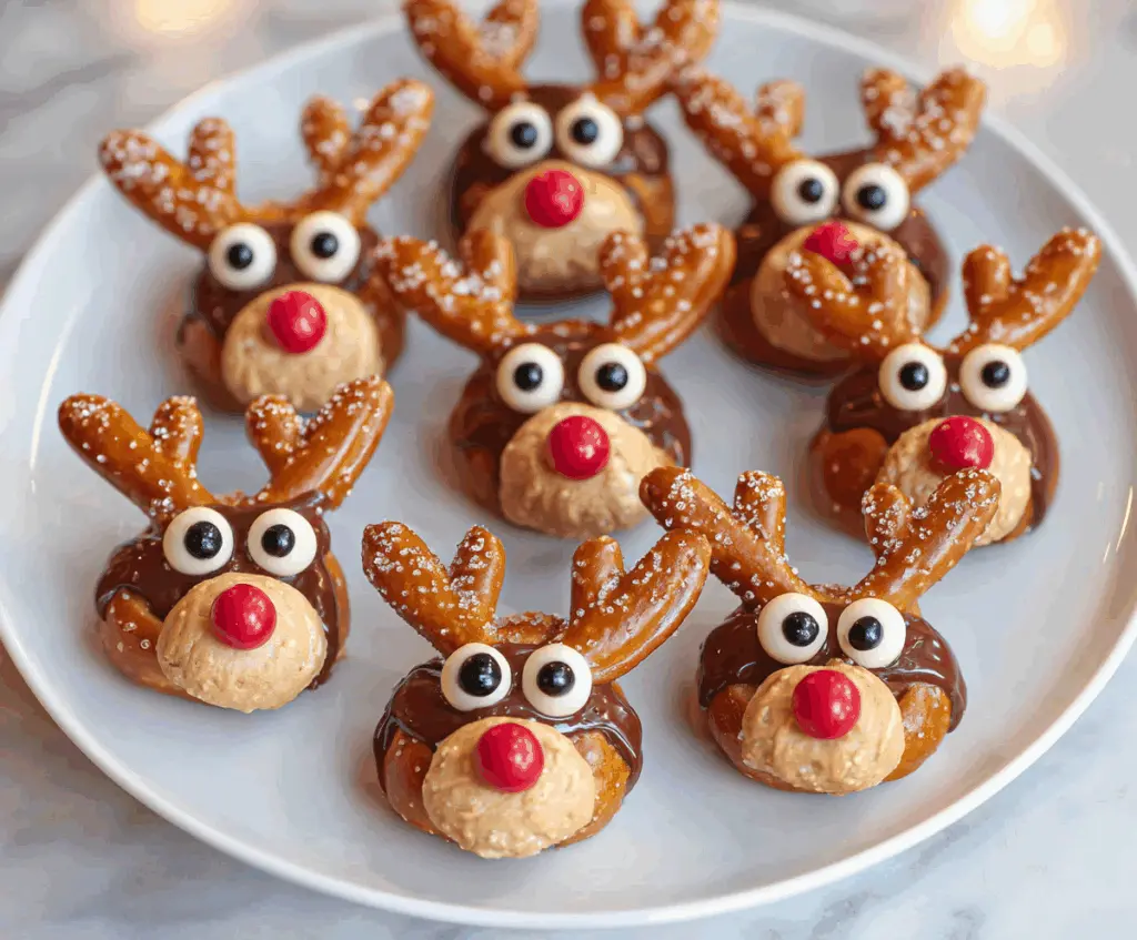 Festive Reindeer Pretzel Bites with Candy Eyes and Red Noses for Holiday Snacking