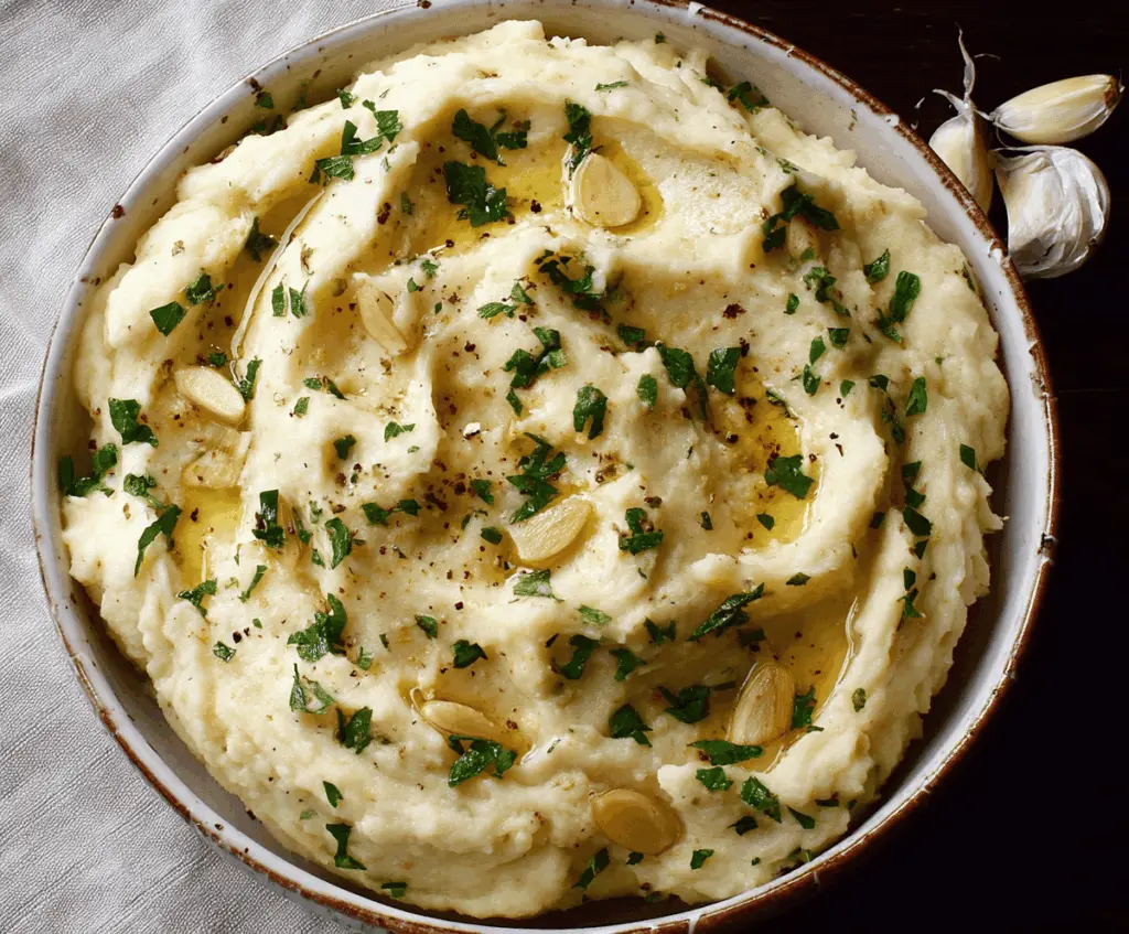 Creamy roasted garlic mashed potatoes served as a delicious side dish.