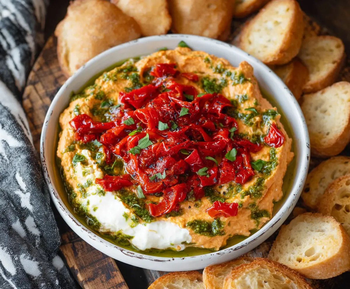 Delicious roasted red pepper goat cheese pesto dip served in a bowl, ready for snacking.