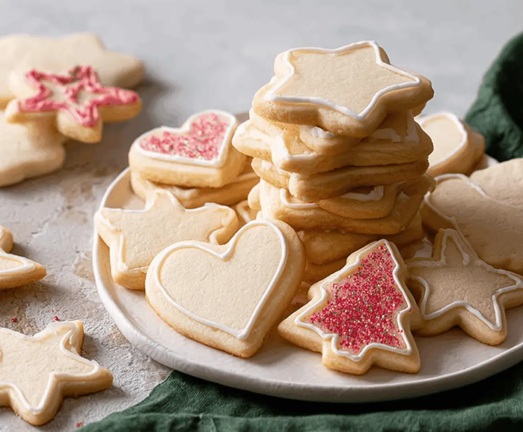 Freshly baked roll-out sugar cookies on a baking tray with colorful sprinkles.