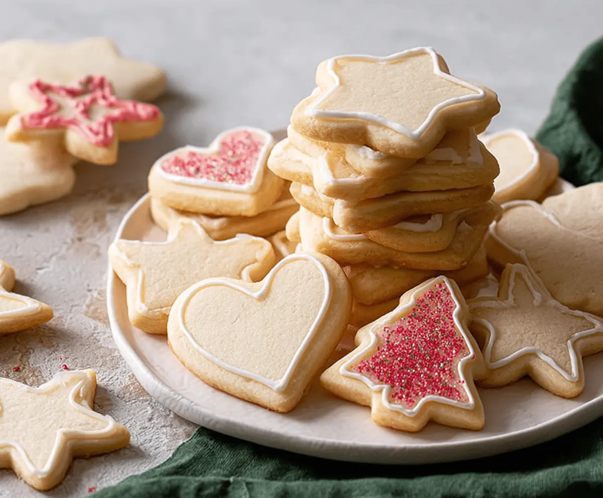 Freshly baked roll-out sugar cookies on a baking tray with colorful sprinkles.