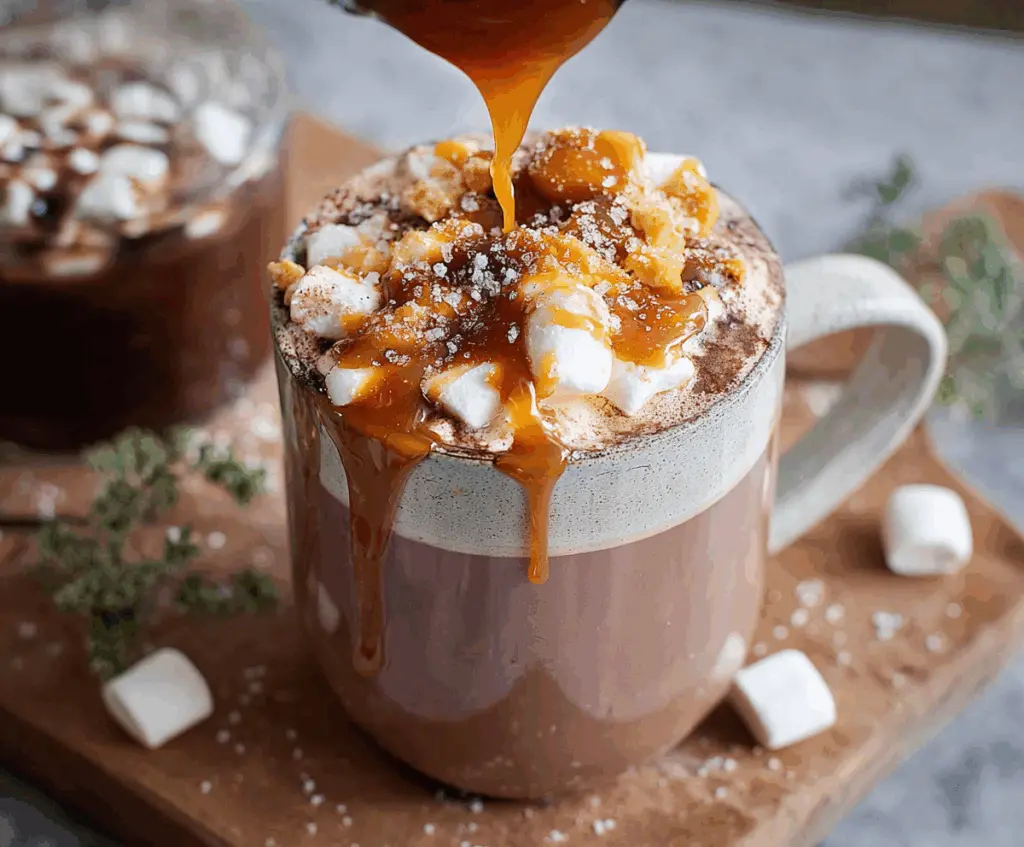 Delicious salted caramel hot chocolate topped with whipped cream and caramel drizzle.