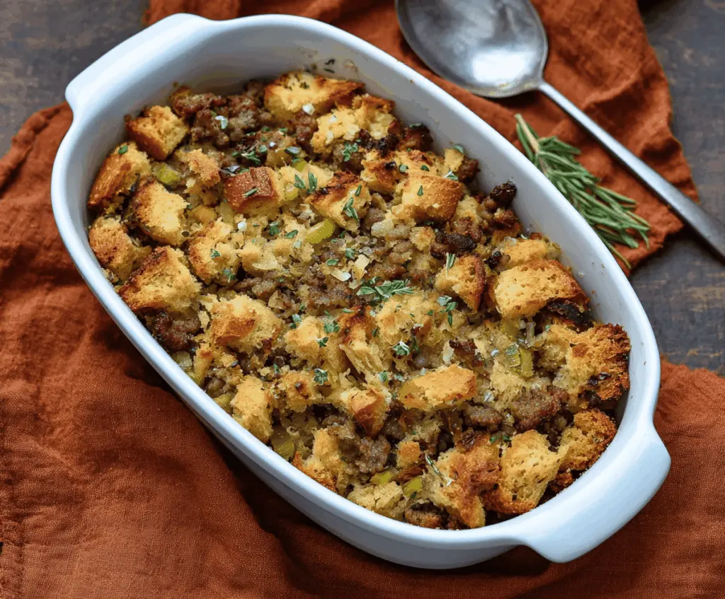 Delicious sausage and herb stuffing served as a savory side dish for holiday dinner.