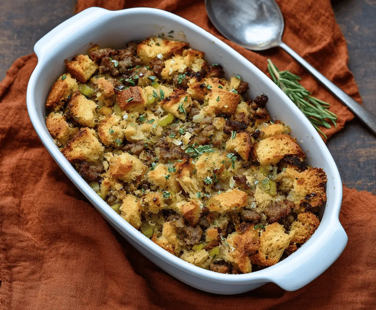 Delicious sausage and herb stuffing served as a savory side dish for holiday dinner.