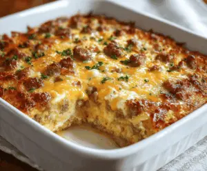 Delicious sausage, egg, and cream cheese hashbrown breakfast casserole in a baking dish.