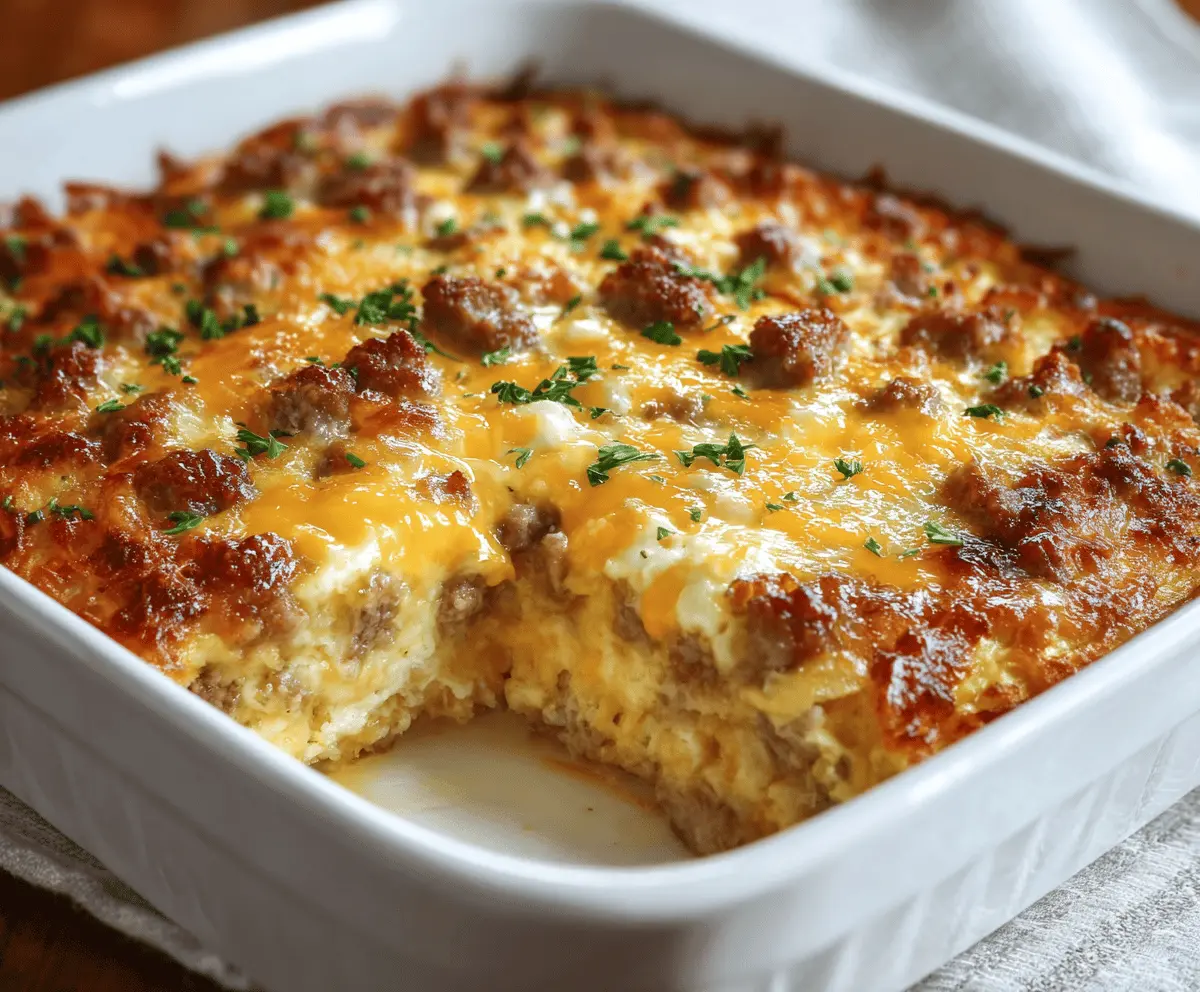 Delicious sausage, egg, and cream cheese hashbrown breakfast casserole in a baking dish.