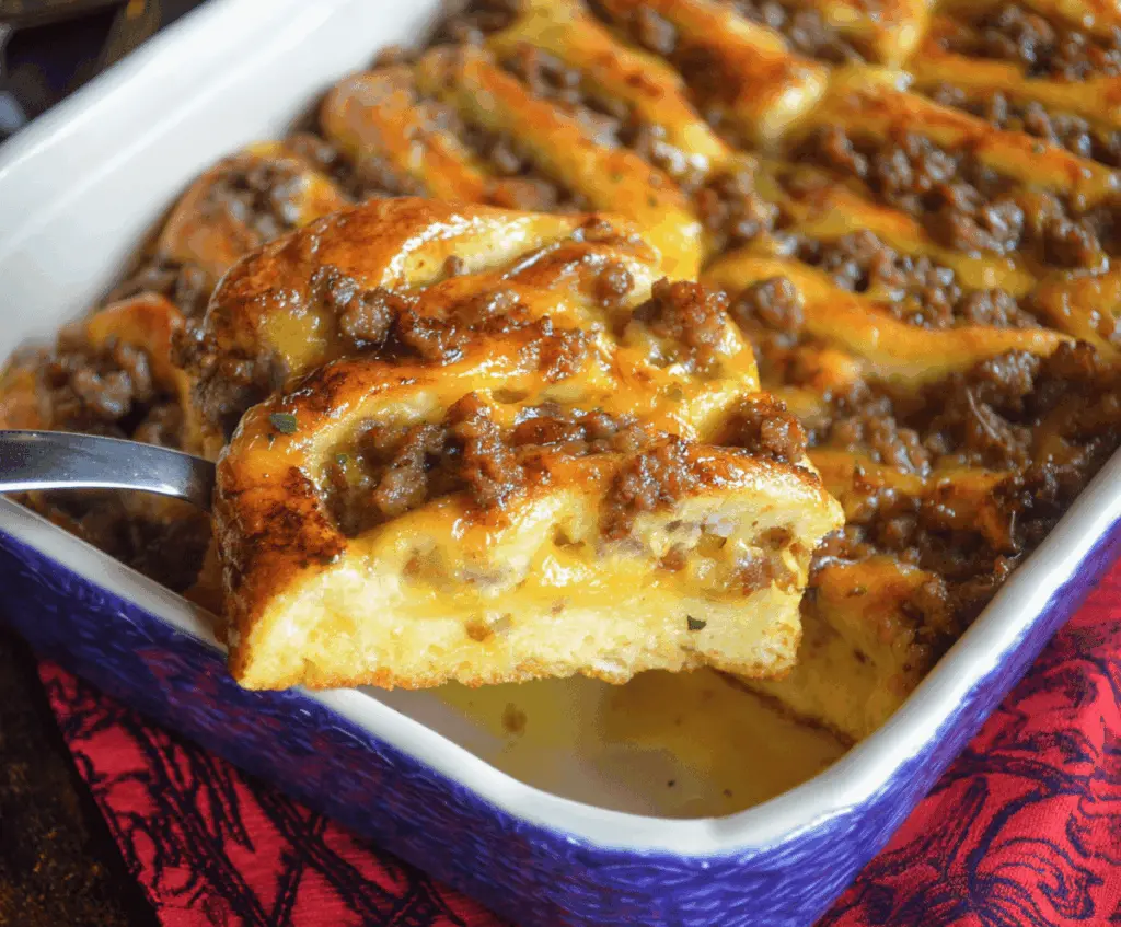 Delicious Sausage Pancake Breakfast Casserole with golden-brown top served on a plate.