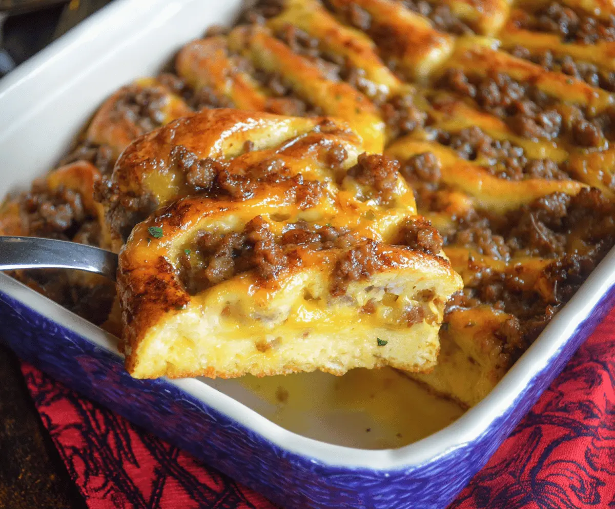 Delicious Sausage Pancake Breakfast Casserole with golden-brown top served on a plate.