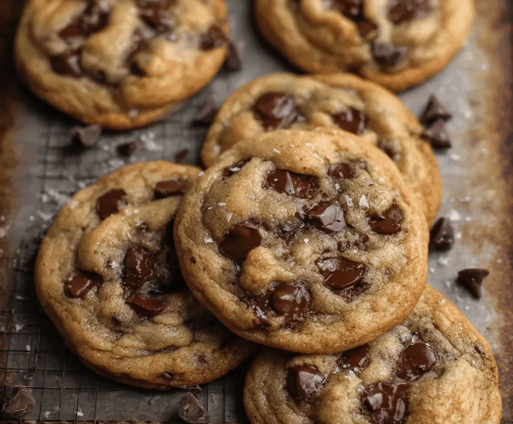 Delicious soft-batch chocolate chip cookies fresh out of the oven with gooey chocolate chips.