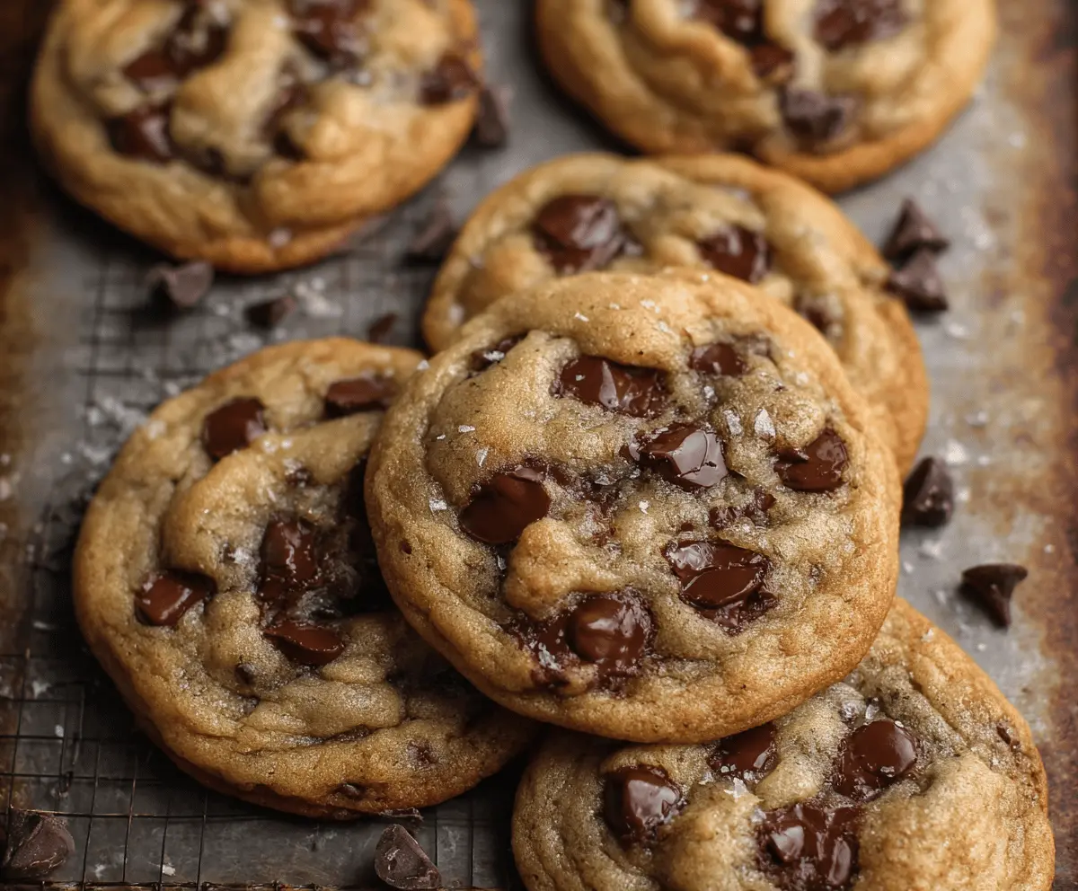 Delicious soft-batch chocolate chip cookies fresh out of the oven with gooey chocolate chips.