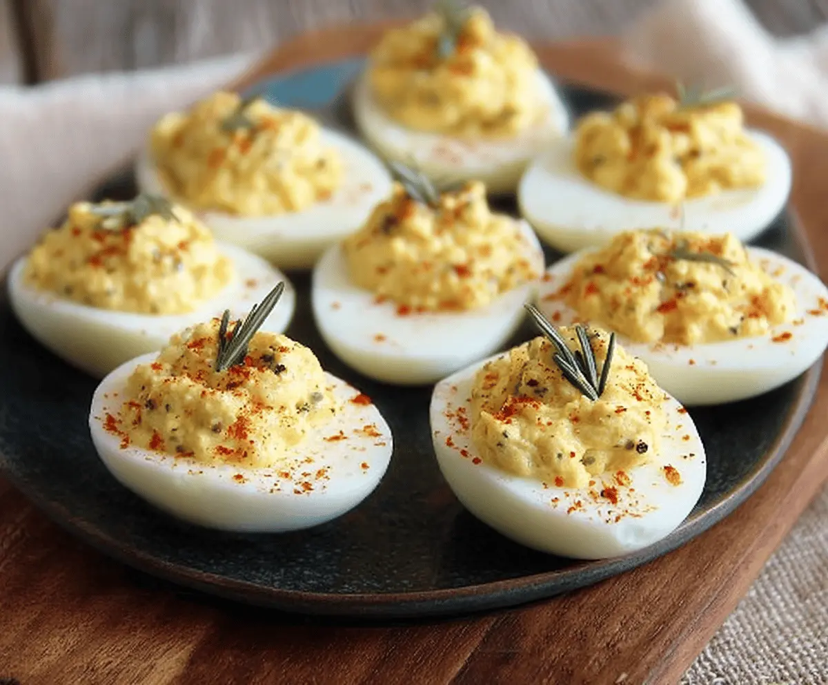 Delicious Southern deviled eggs garnished with paprika and chives, perfect for parties and gatherings.