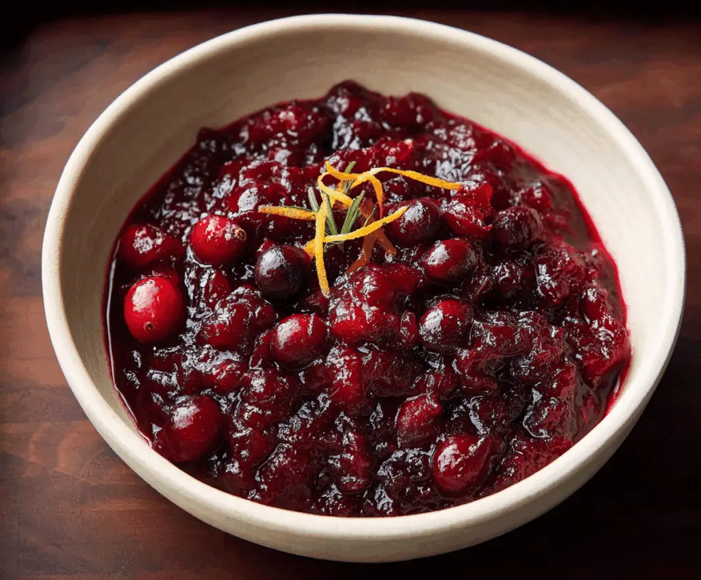 Festive spiced cranberry sauce served in a bowl with cinnamon and orange zest for holiday meals