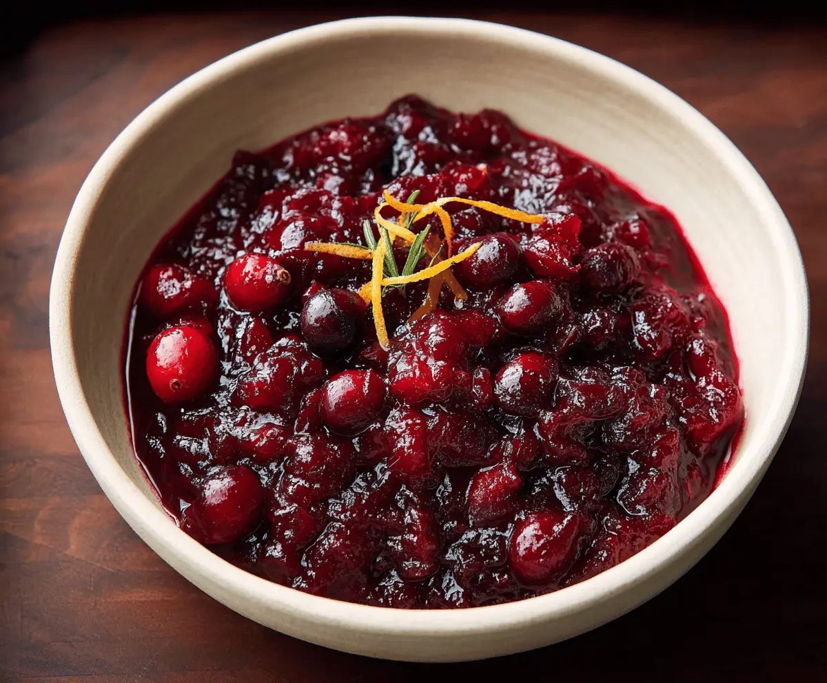 Festive spiced cranberry sauce served in a bowl with cinnamon and orange zest for holiday meals