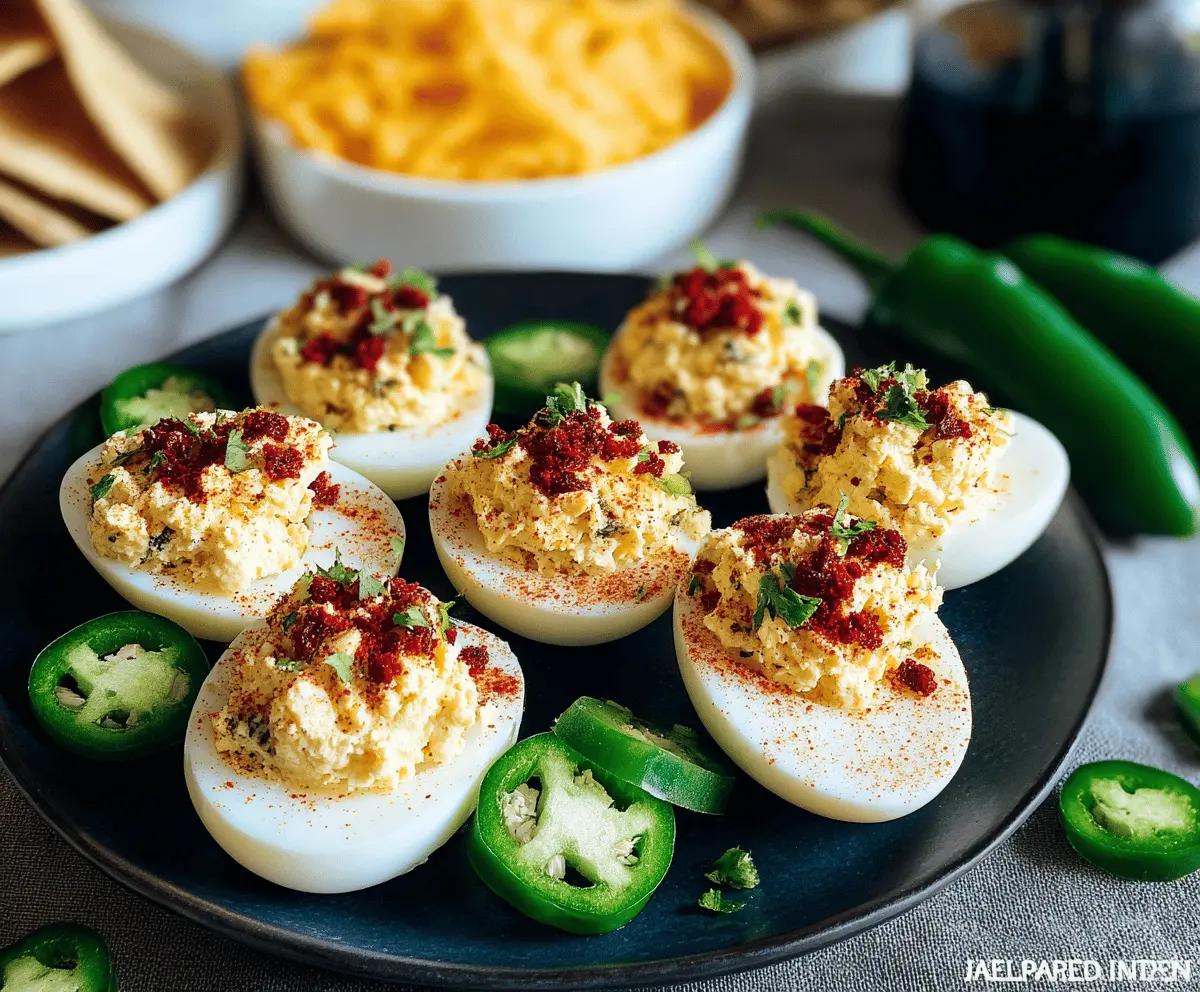 Delicious spicy jalapeño popper deviled eggs garnished with fresh herbs on a white plate