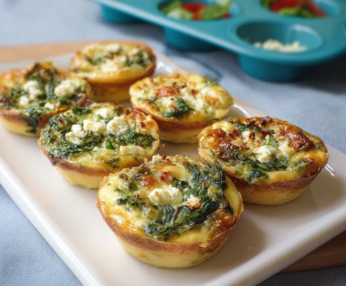 Delicious spinach feta mini quiches baked to perfection, served with fresh herbs.